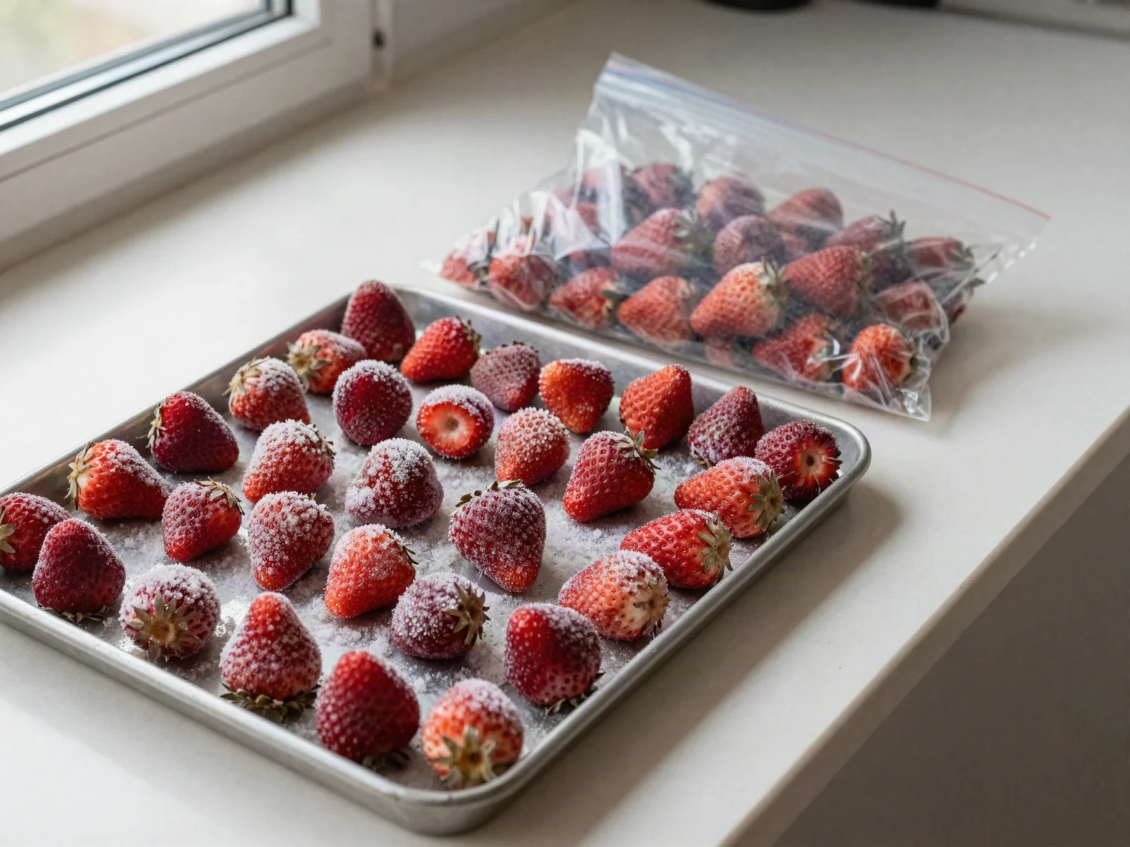 Frozen whole strawberries in a single layer on a baking sheet, with more in a freezer bag.