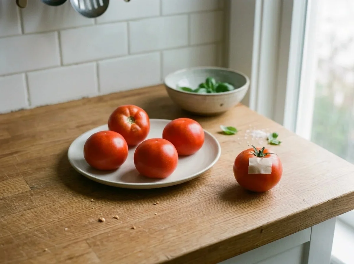 How to store tomatoes on the counter: ripe tomatoes stem side down on a plate, and one with tape over the stem scar.