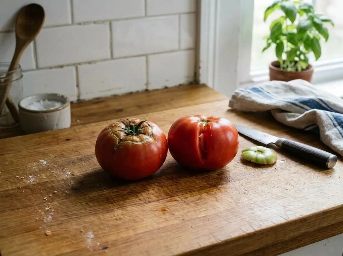 Cracked tomatoes: one with healed cracks around the stem and one with a fresh split.