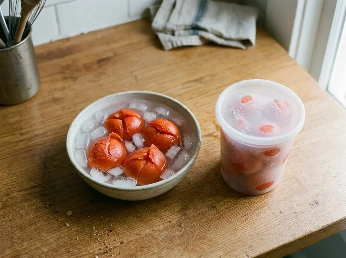 Freezing tomatoes: blanched tomatoes with split skins in ice water beside a freezer container of peeled tomatoes.
