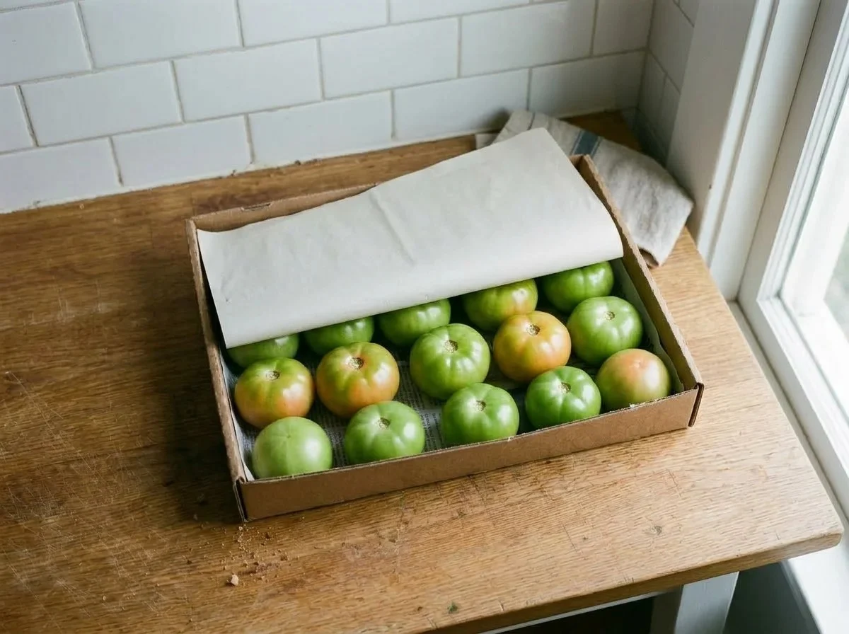Green tomatoes ripening in a paper-lined box, two of them starting to blush orange.