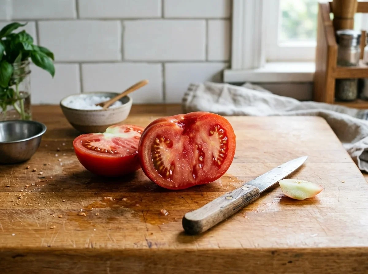 A ripe tomato cut in half with a pale greenish-white patch under the stem, and the trimmed piece beside it.