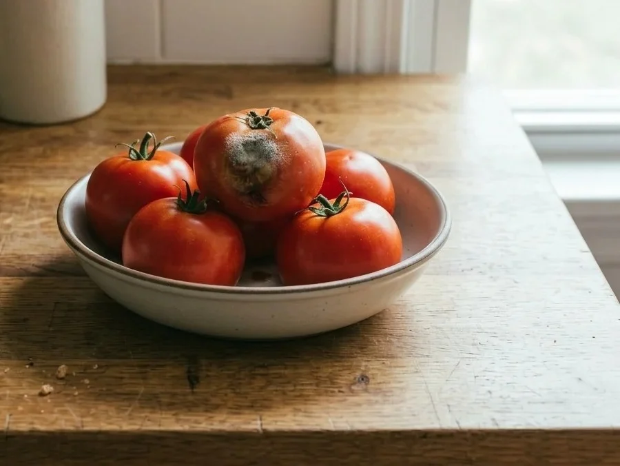Mold on tomatoes: a bowl of ripe tomatoes with one showing a dark, sunken moldy patch.