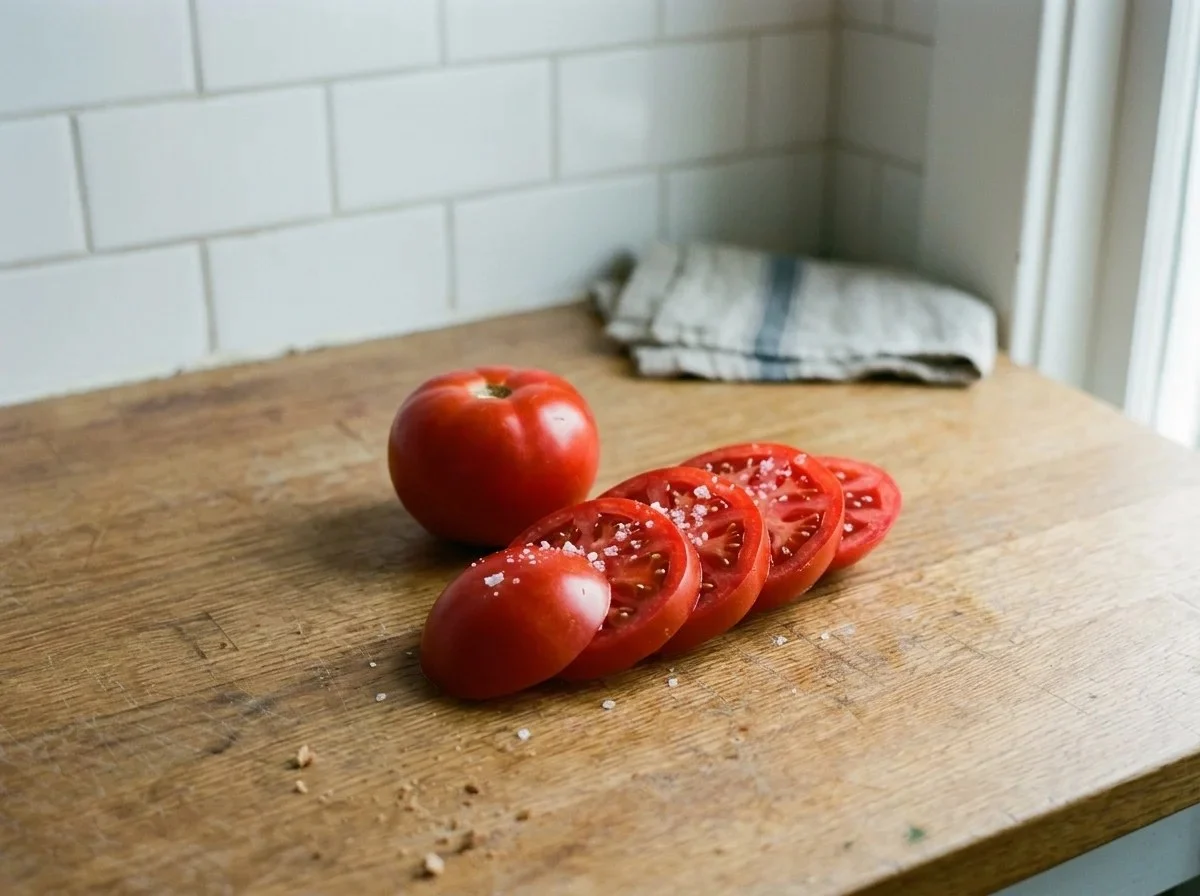 Ripe tomatoes: a deep red tomato and thick slices with flaky salt on a wooden counter.