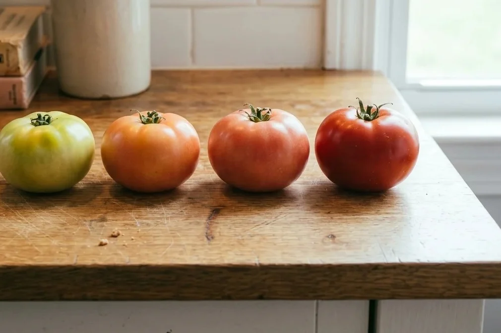 Choosing tomatoes: four tomatoes in a row, from pale green with a yellow blush to fully ripe deep red.