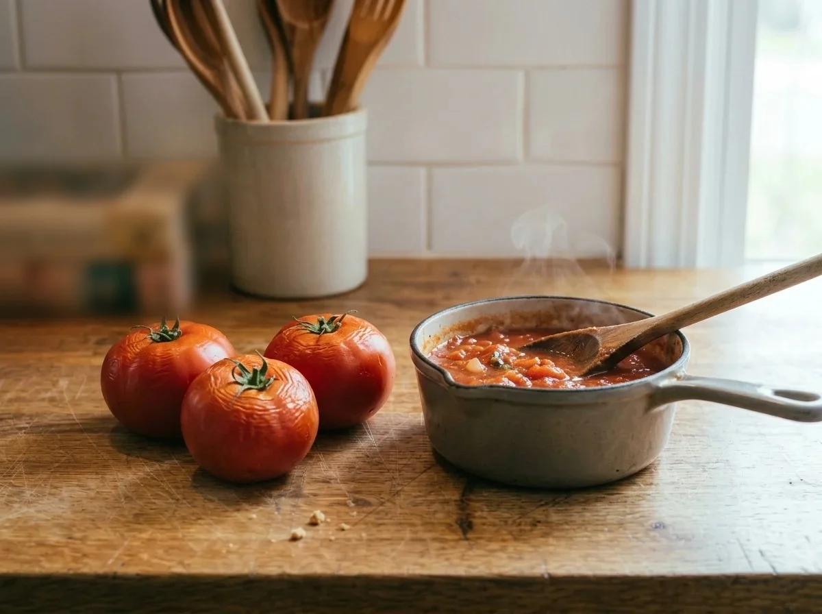 Older tomatoes with wrinkled skin next to a pan of simmering tomato sauce.