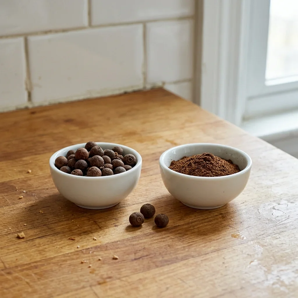 Whole allspice berries in one dish and ground allspice in another on a kitchen counter