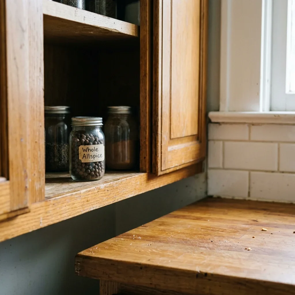 How to store allspice: a sealed glass jar of whole allspice berries on a dark cupboard shelf away from the stove