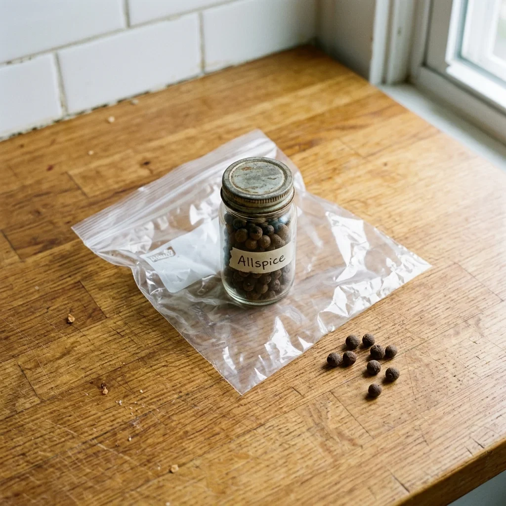 A jar of allspice berries sealed inside a plain freezer bag with the air pressed out