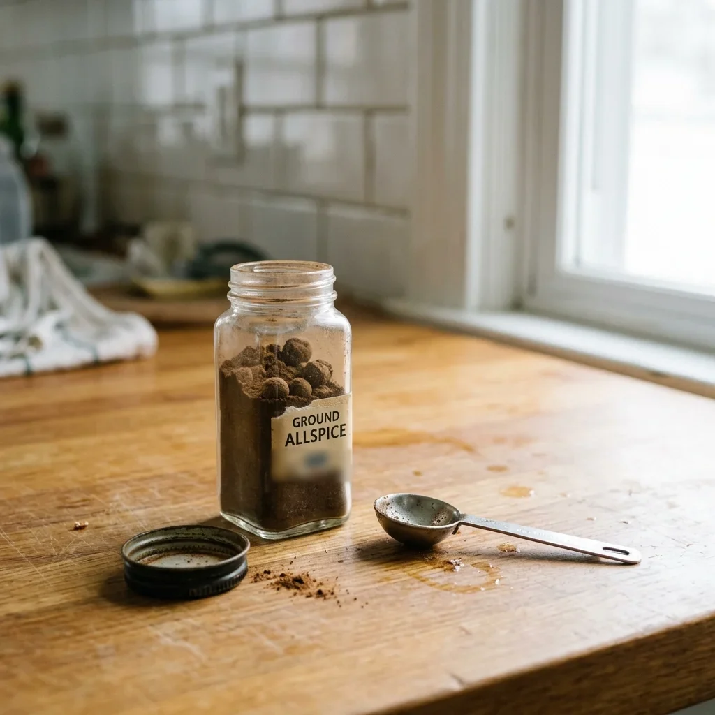 Ground allspice stuck into small hard lumps in an open jar beside a damp measuring spoon