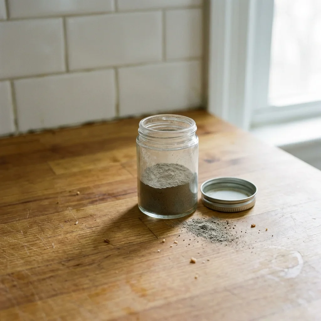 Greyish-brown ground allspice sitting flat in an open jar with a dusty film on the surface