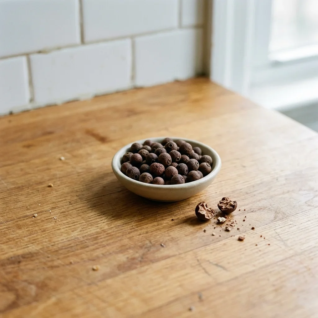 Plump dark brown allspice berries in a small dish with one crushed open beside them