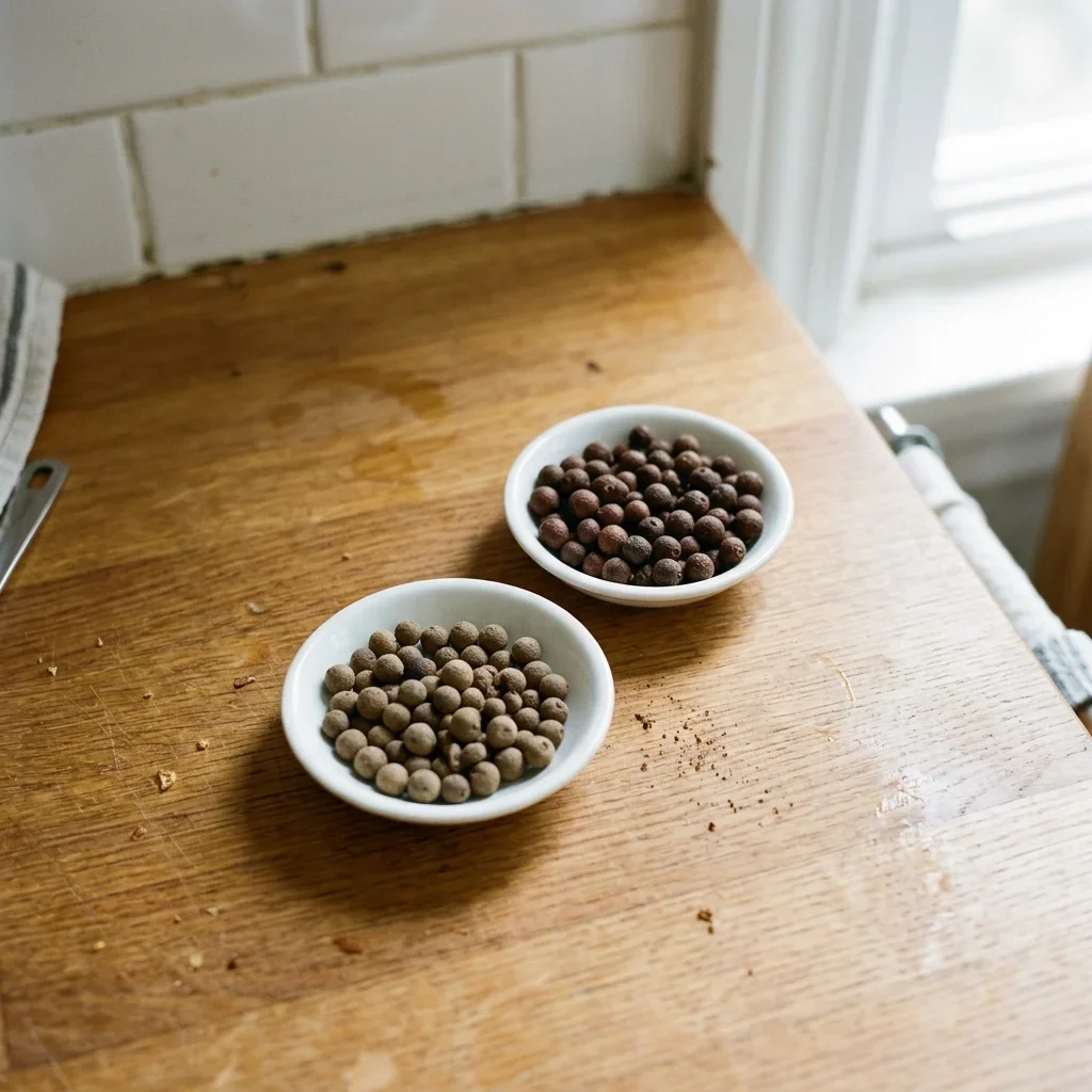 Dull, lighter allspice berries in one dish beside darker fresher berries for comparison