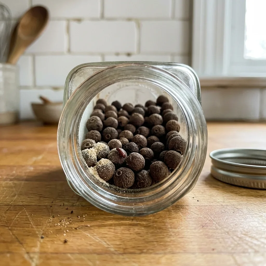 Fine dust and one tiny reddish-brown beetle in the bottom of an open jar of allspice berries