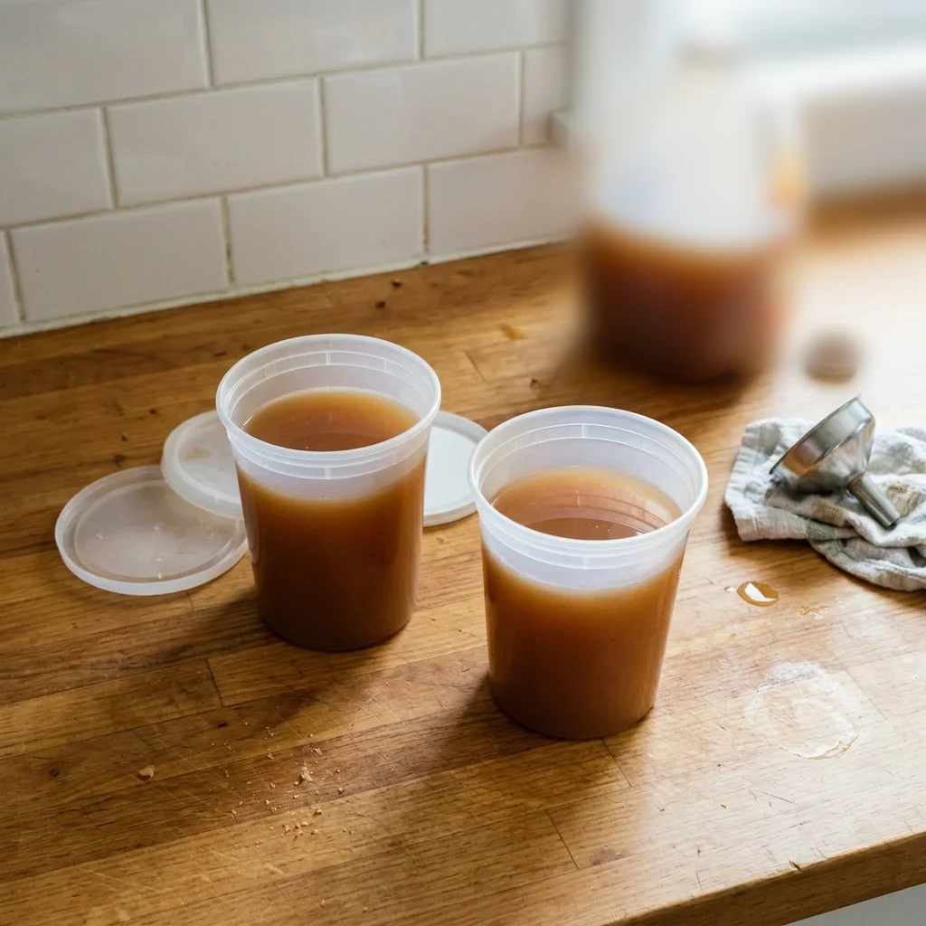 Two plain containers of apple cider filled to leave a clear gap of empty space below the rim before freezing