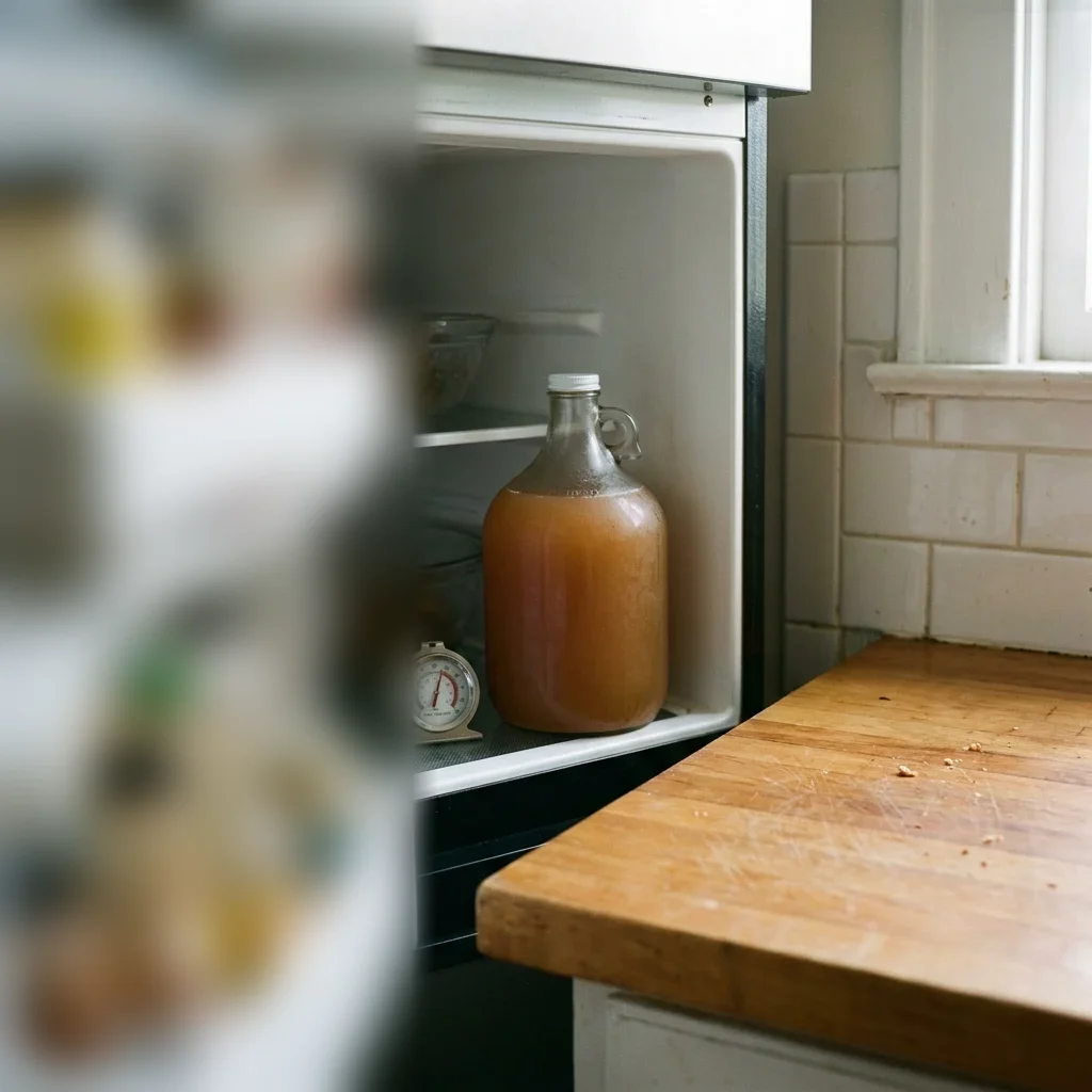 How to store apple cider: a capped plain jug of cider standing upright on a fridge shelf beside a small thermometer