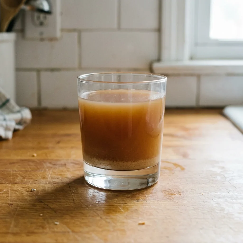 A glass of cloudy apple cider with a fine layer of pale sediment settled at the bottom