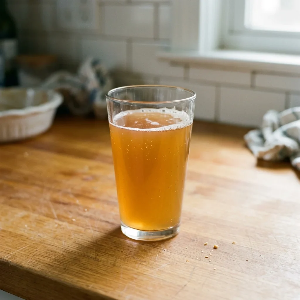 Fine bubbles clinging to the inside of a glass of apple cider and a thin froth around the rim