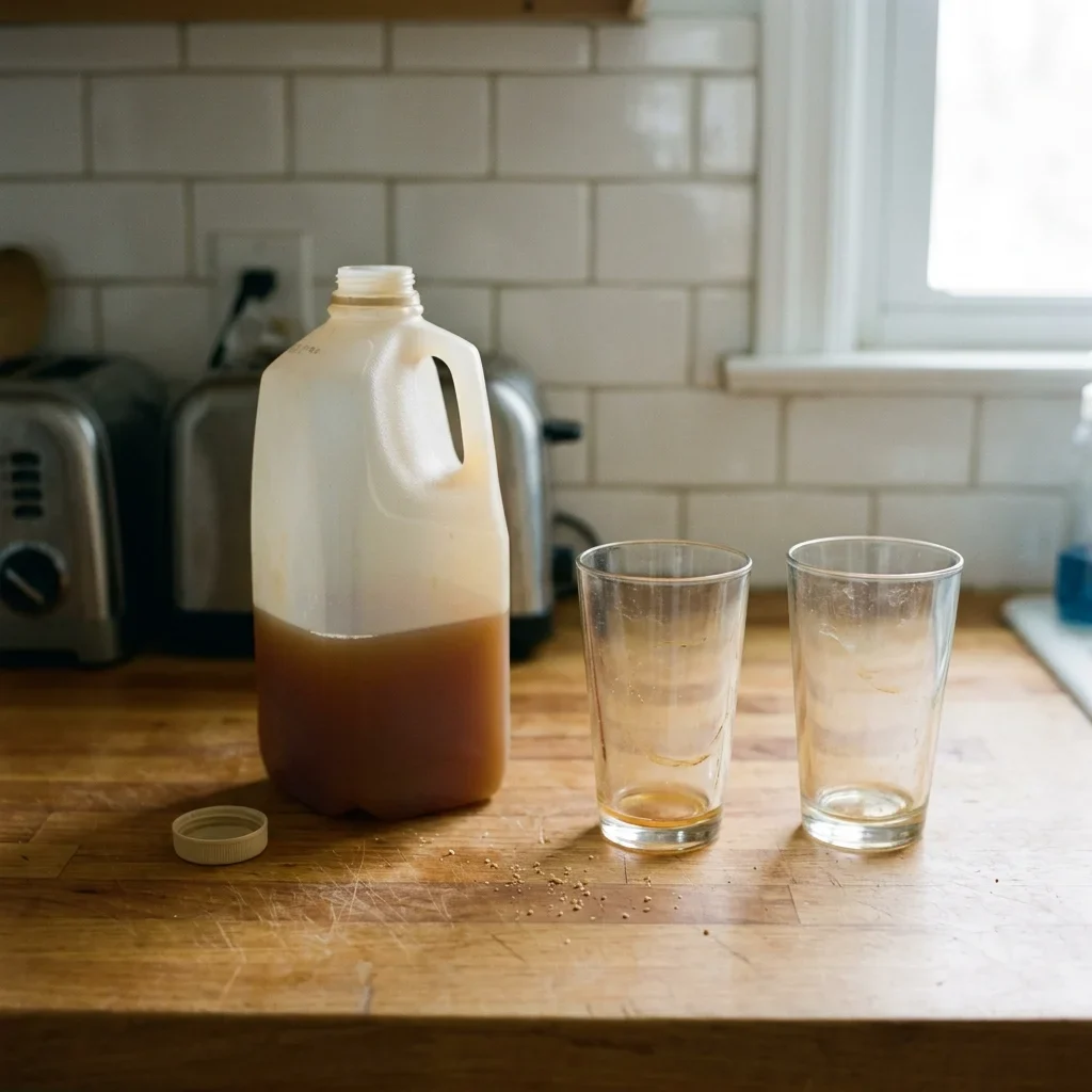 A half-empty jug of apple cider standing on a counter the morning after, with two used glasses beside it