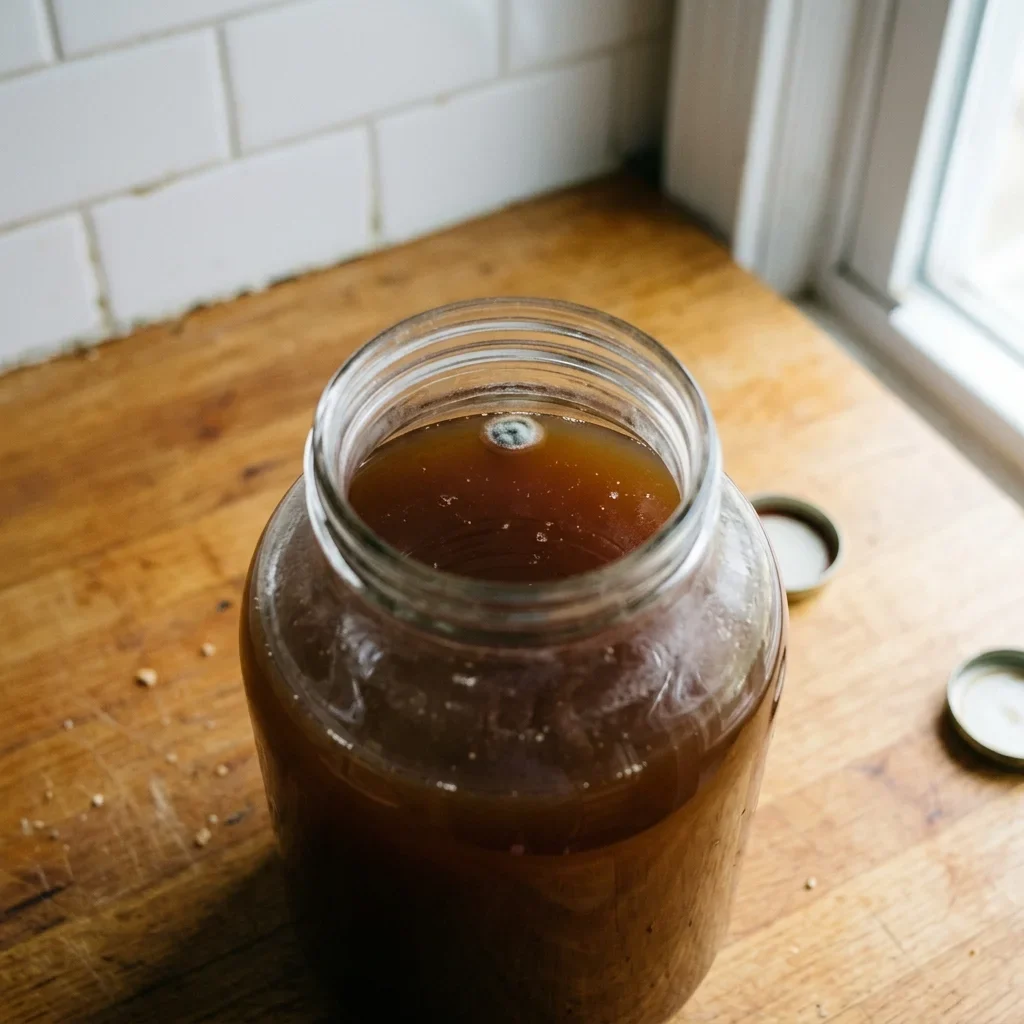 A small patch of grey-white mold floating at the surface of apple cider inside the neck of a jug