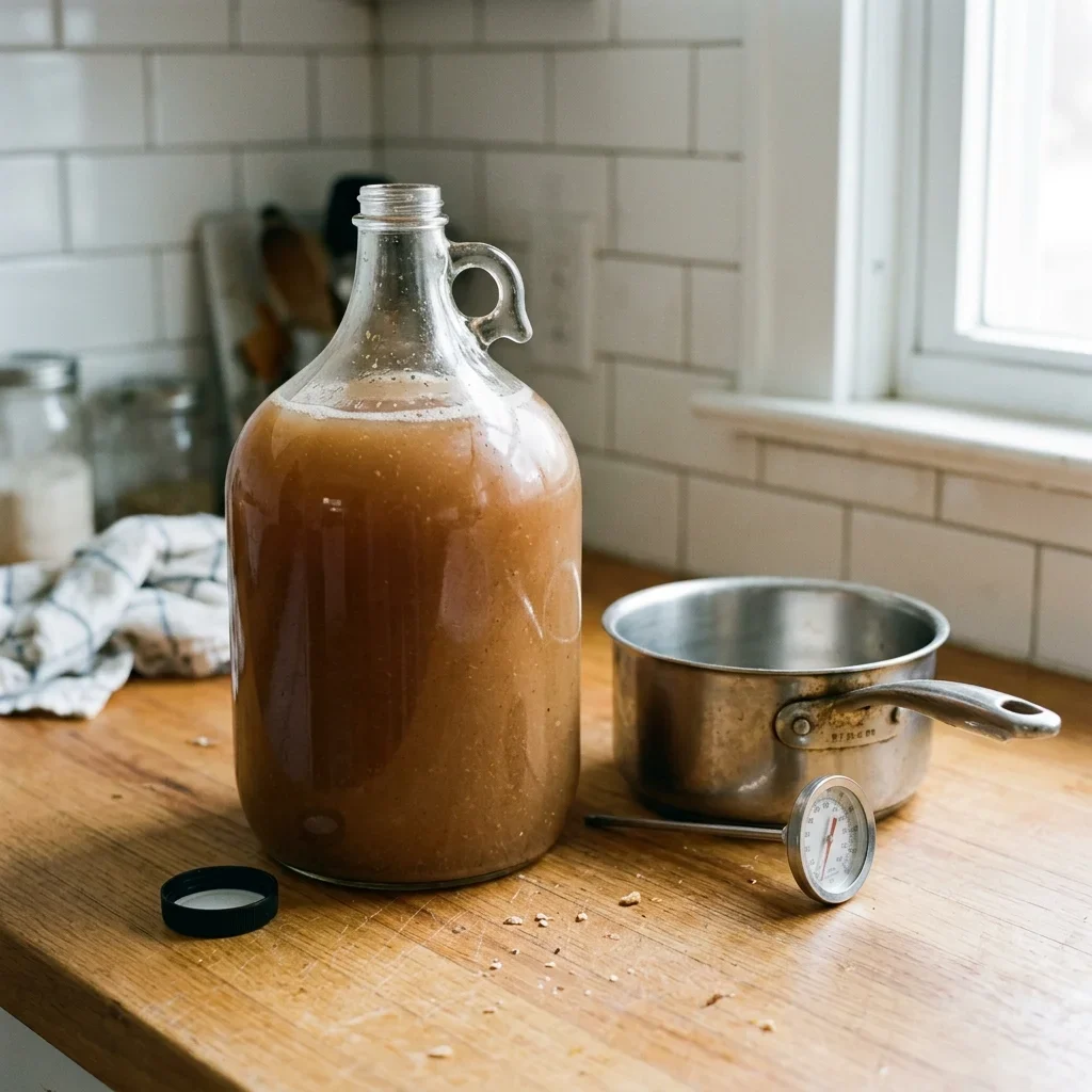 A plain glass jug of raw apple cider on a counter beside a saucepan and a kitchen thermometer