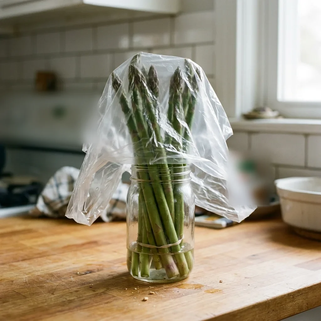 How to store asparagus: spears standing in a jar of cold water with the tops loosely covered