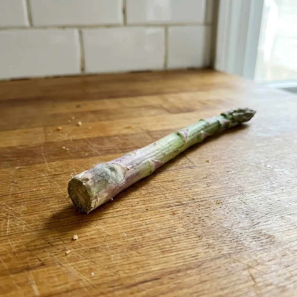 A small patch of white mold on an asparagus spear