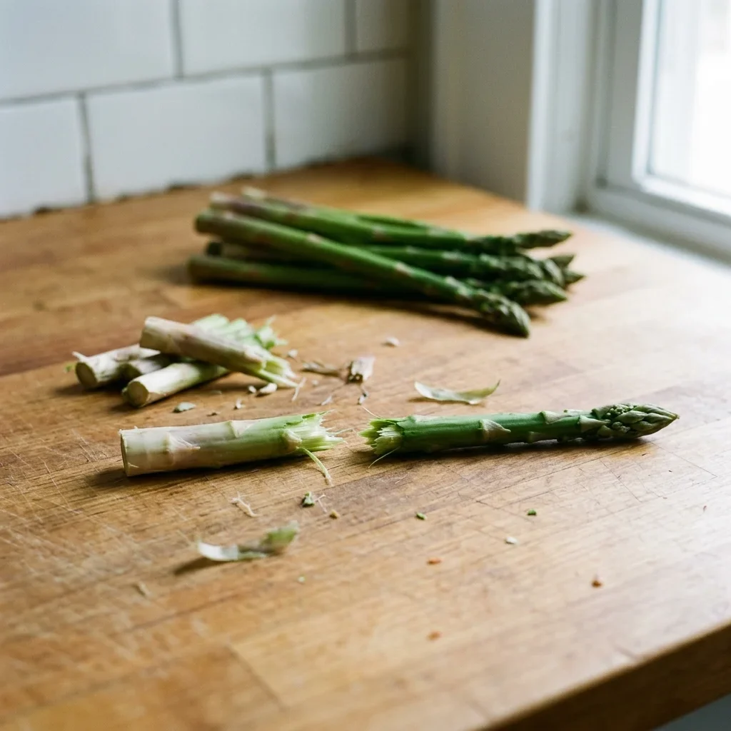 Asparagus spears snapped where the woody ends break away from the tender stalks.