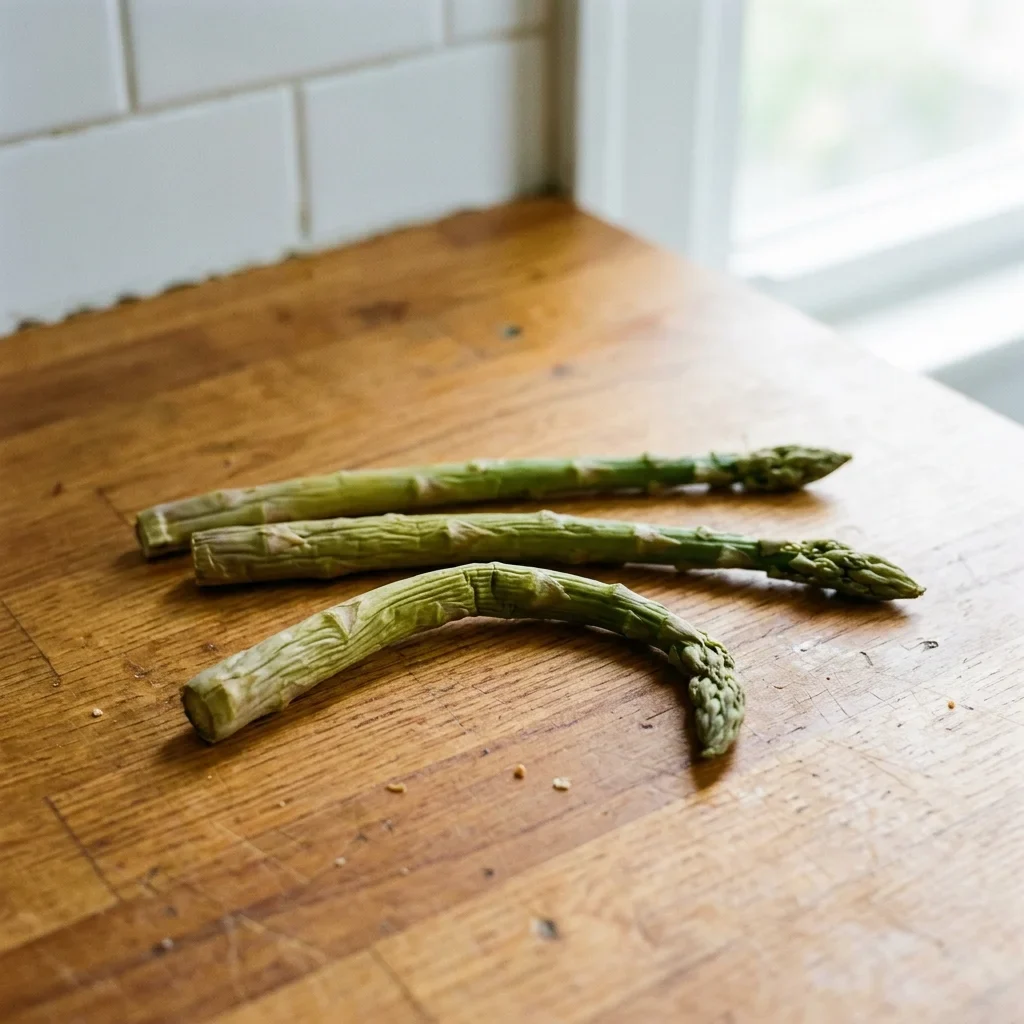 How to Store Asparagus- Wrinkled, limp asparagus stalks drooping on a counter