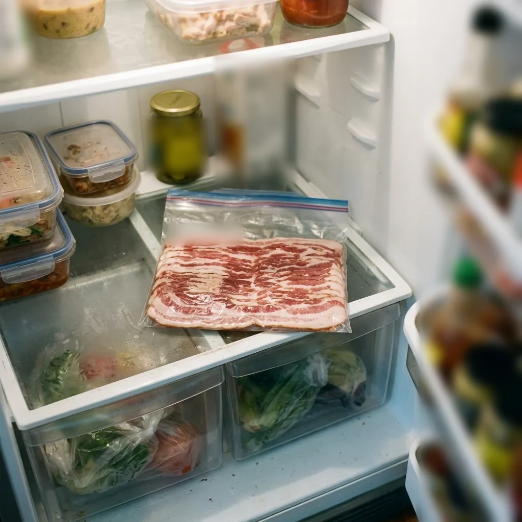 Store opened bacon sealed flat in a zip bag on a cold fridge shelf