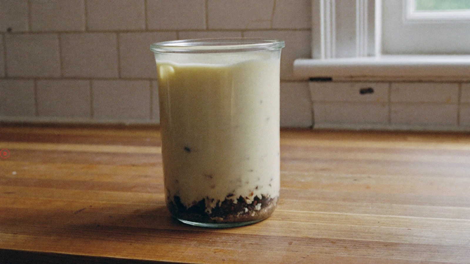 Bacon grease with a layer of dark browned bits settled at the bottom of the jar