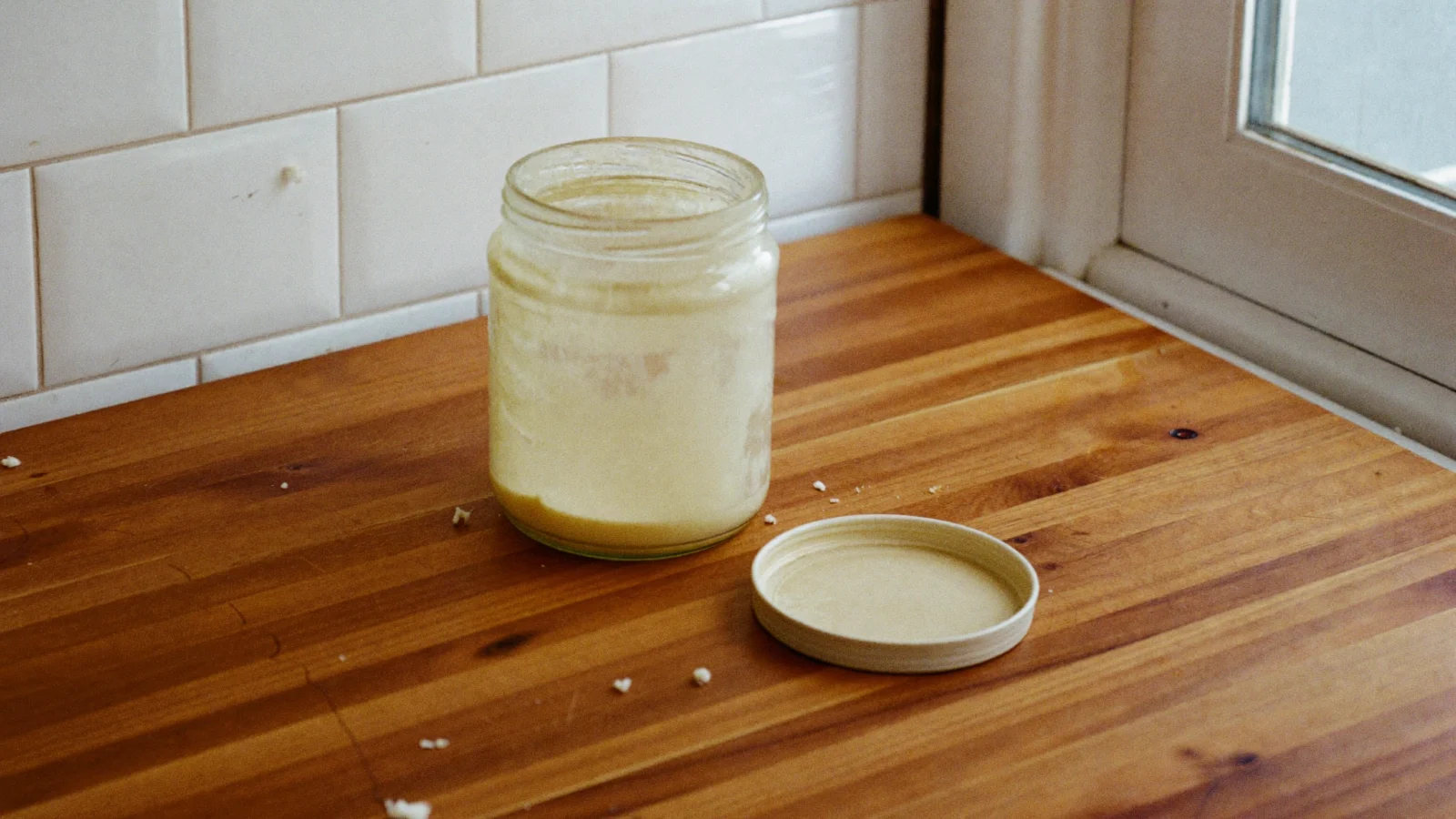 An older jar of bacon grease, still pale but dull on the surface