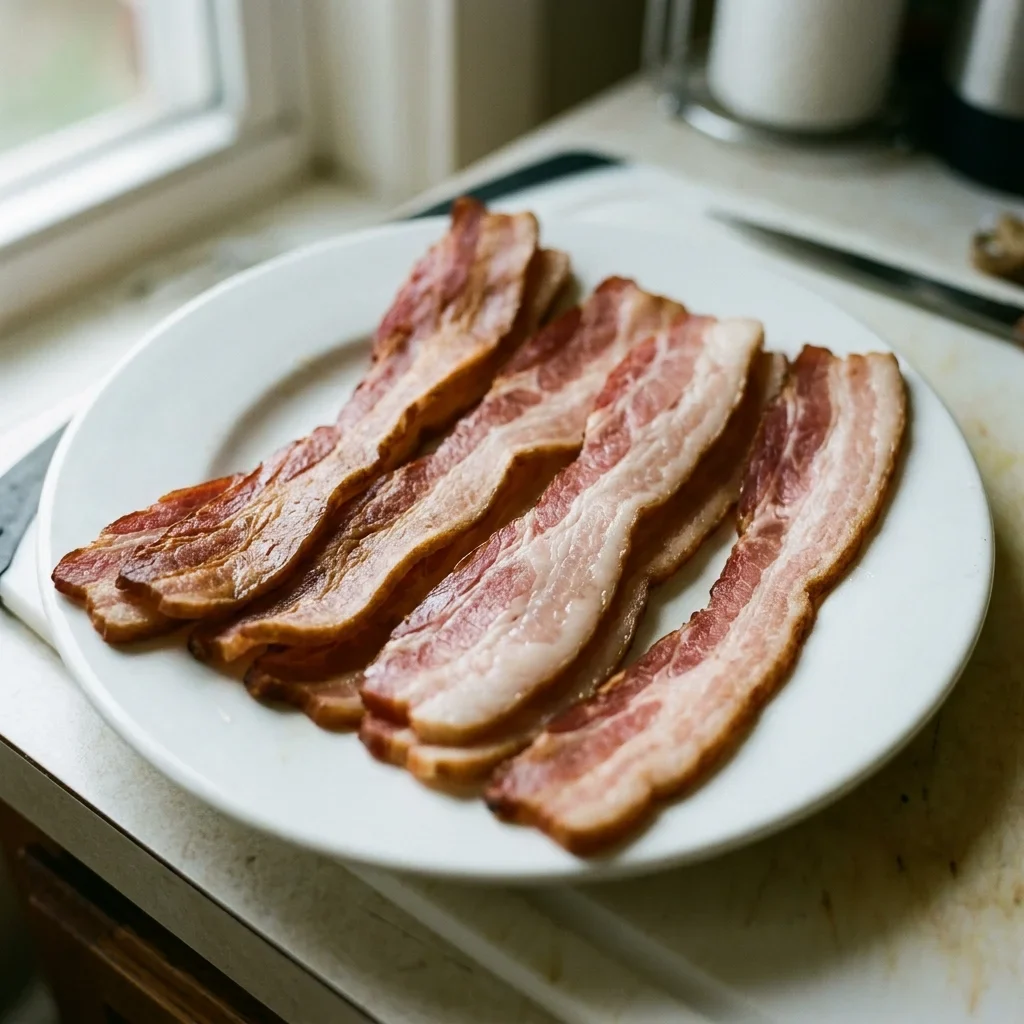 Raw bacon strips with dried, darkened edges from air exposure