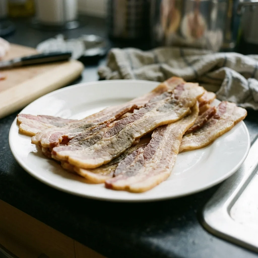 Raw bacon that has faded to a dull greyish color in patches