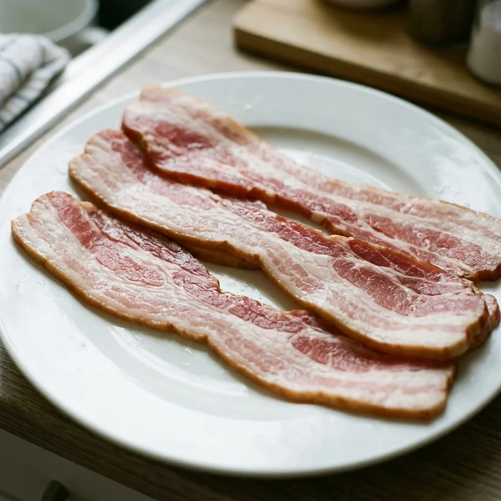 Fresh raw bacon with pink meat and creamy white fat