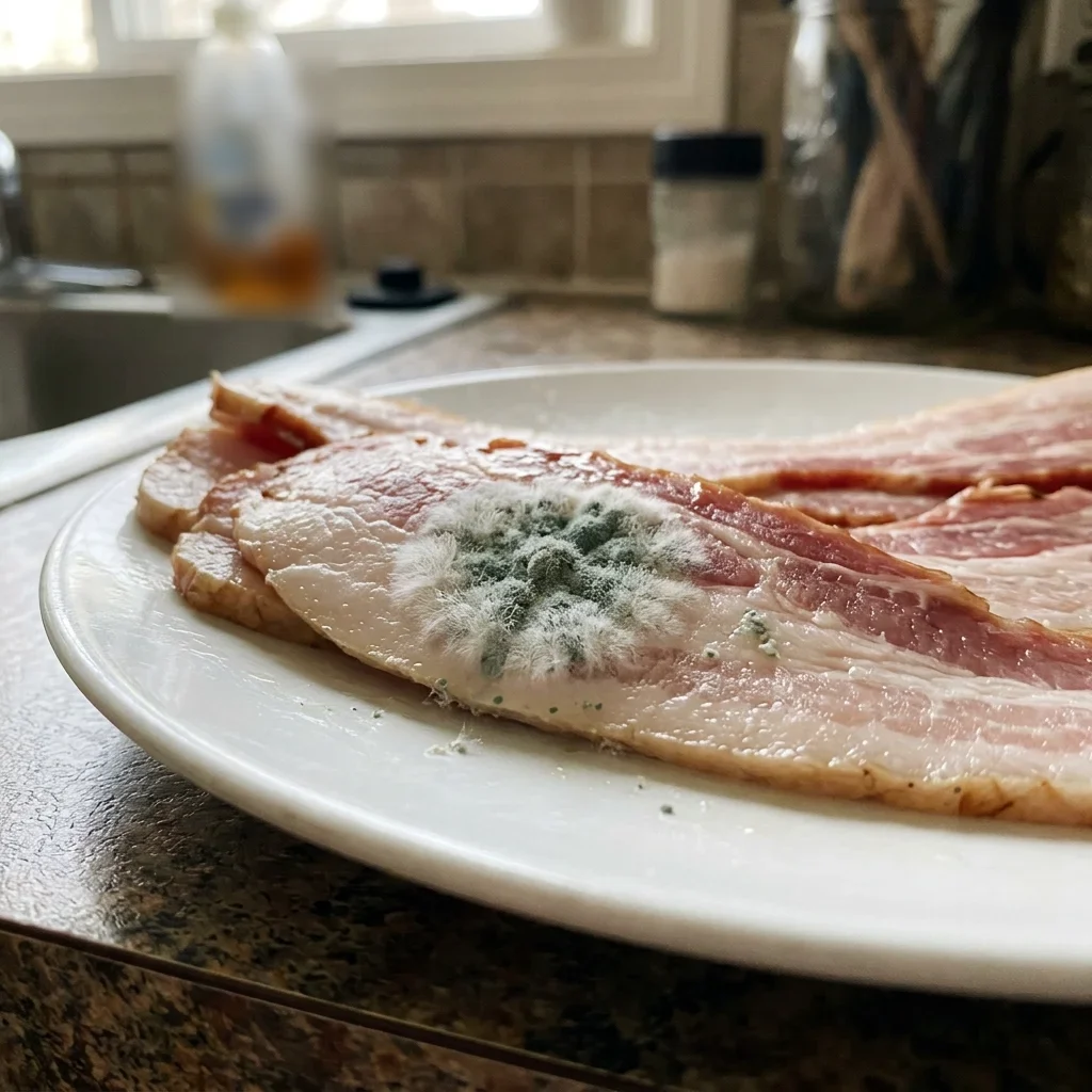 Fuzzy spots of mold on the fat of raw bacon strips