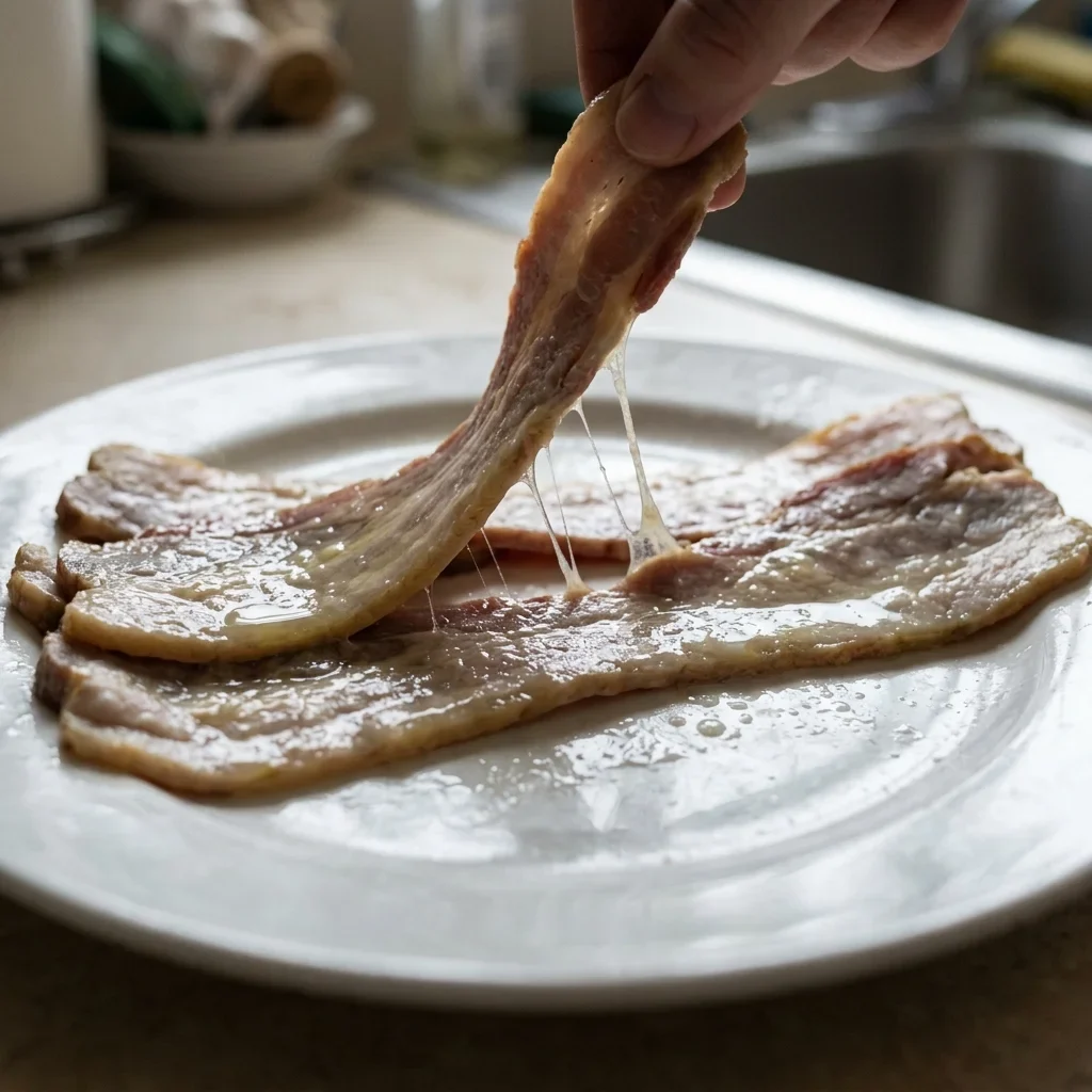 Spoiled raw bacon with a slick, sticky film on the strips