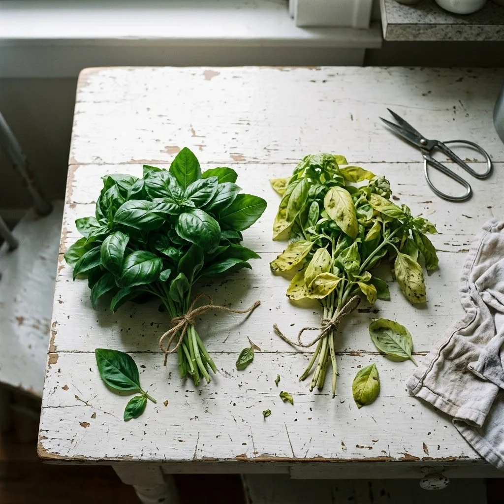 How to store Basil - Two bunches of basil side by side, one deep even green, one yellowing and spotted.