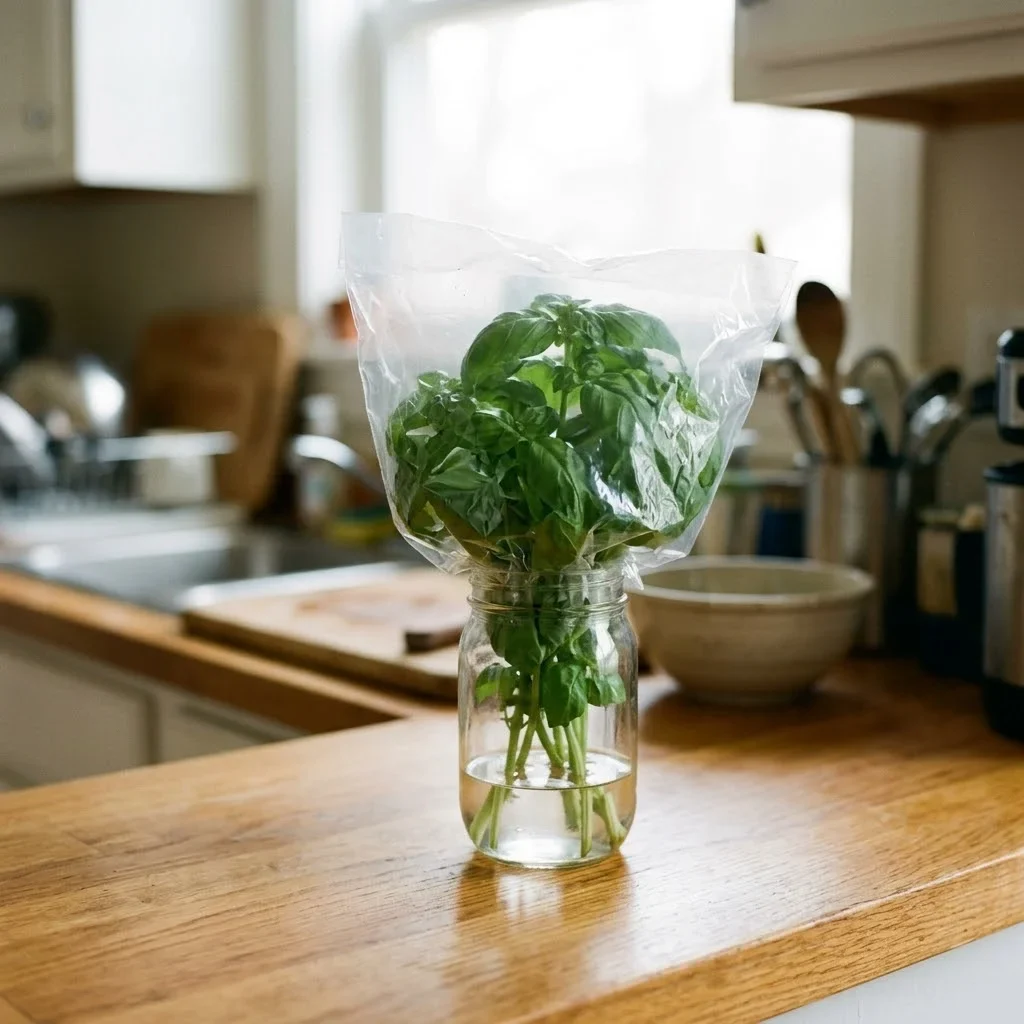 How to store Basil - A jar of basil stems standing in water on a kitchen counter, the way to store basil so it keeps about a week.