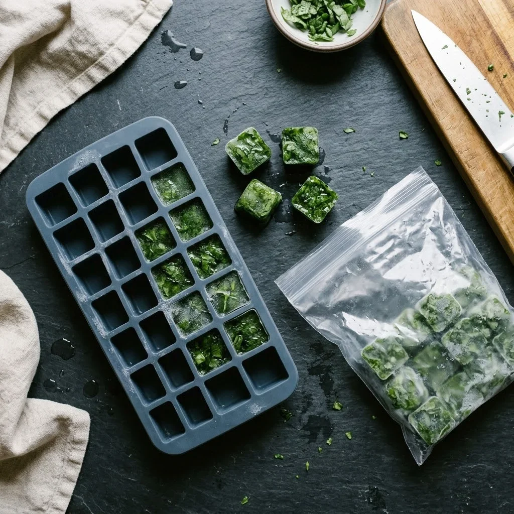 How to store Basil - Chopped basil frozen in an ice cube tray beside a plain freezer bag of green cubes.