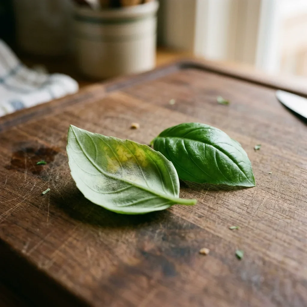 How to store Basil - A basil leaf with a patch of yellowing between the veins and a faint grey haze, beside a healthy green leaf.