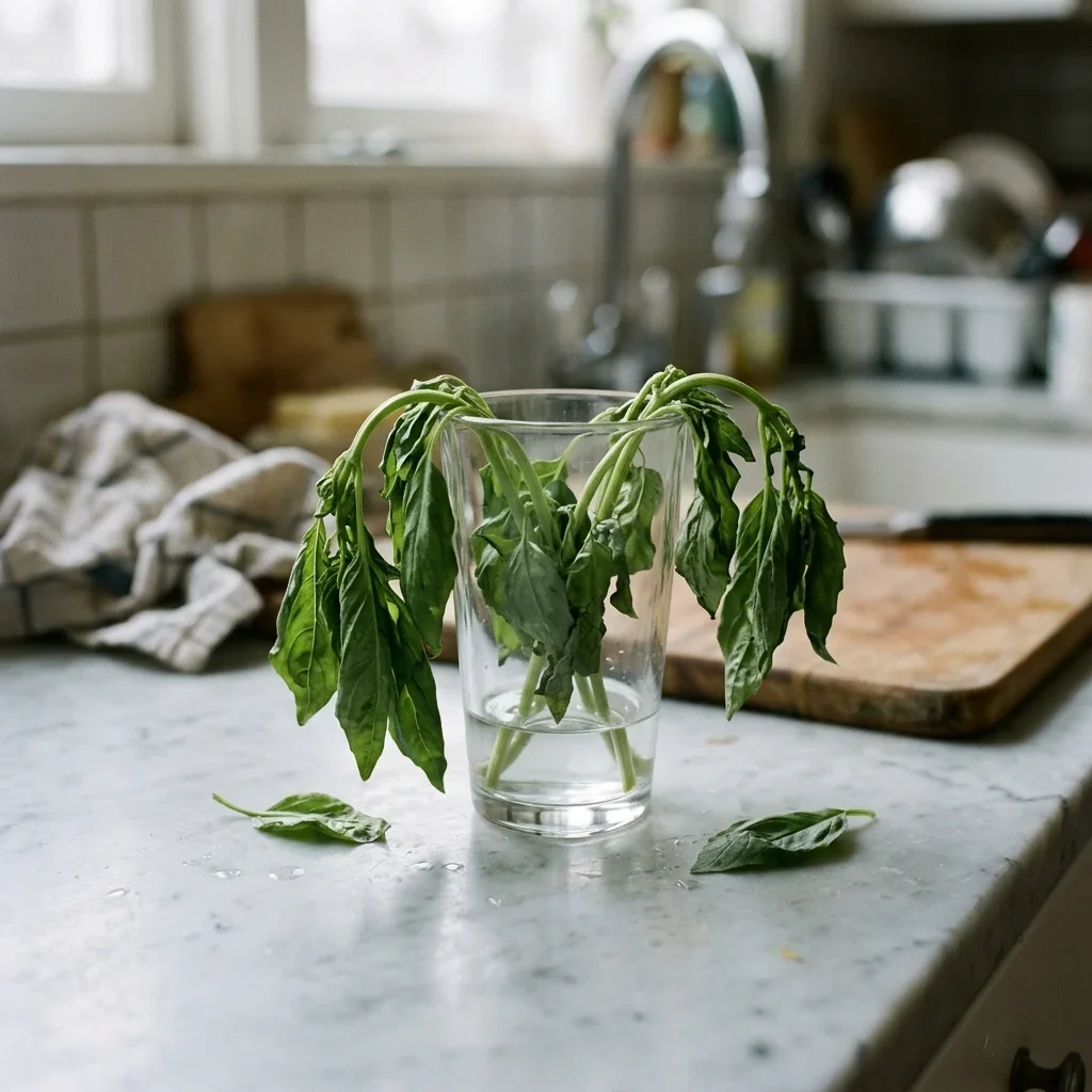 How to store Basil - A bunch of basil gone limp, the leaves drooping and the stems bending over.