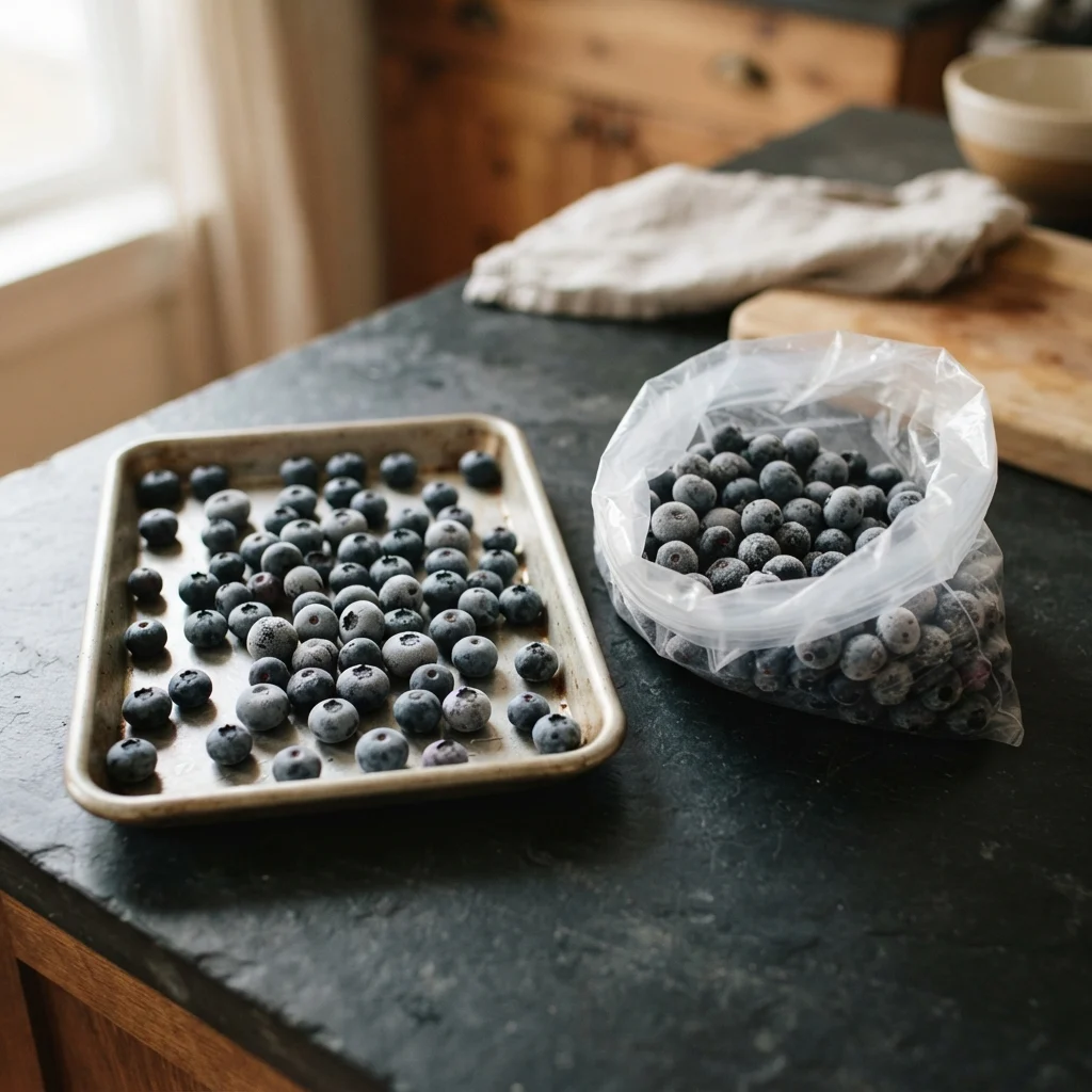 Blueberries spread in a single layer on a metal baking tray beside a plain freezer bag.
