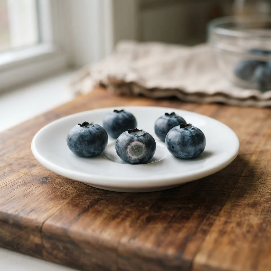 Five blueberries on a white saucer, one with a small patch of greyish-white mold on its side.