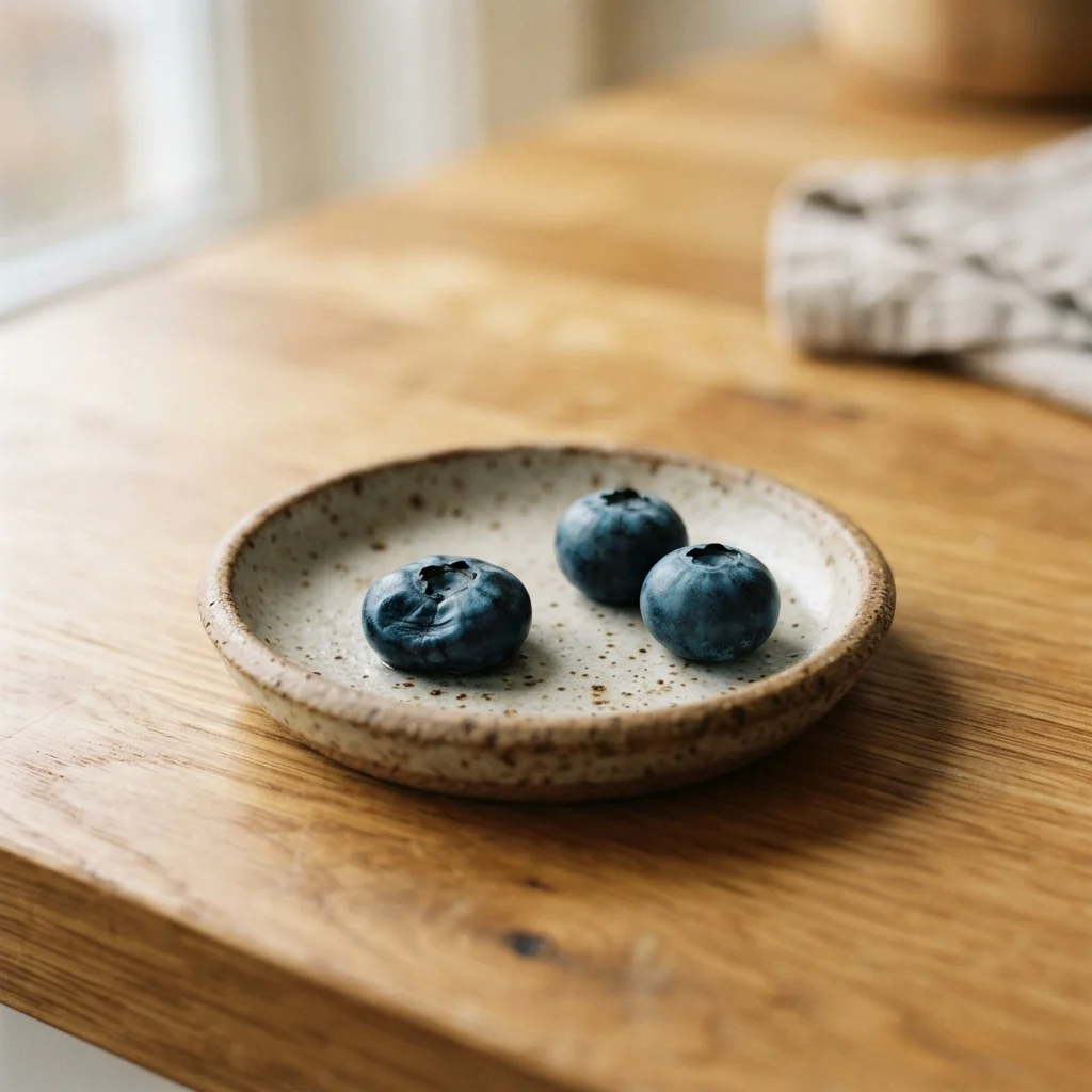 Three blueberries on a speckled saucer, one gone soft and slightly flattened with its skin still unbroken.