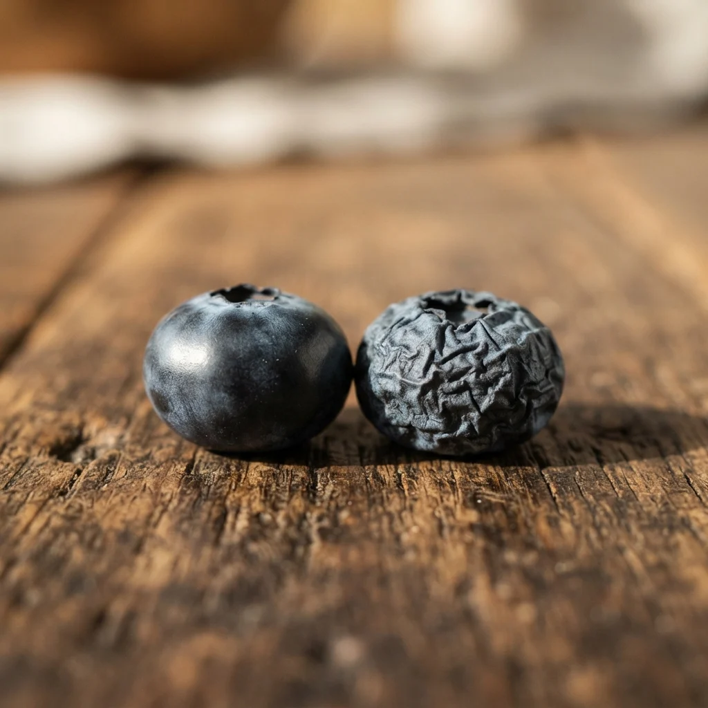 A blueberry with slack, finely creased skin beside a plump one for comparison.