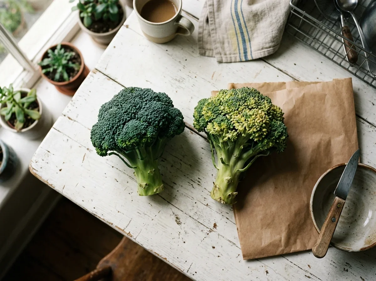 Two broccoli heads side by side, one with tight blue-green buds, one going pale yellow.