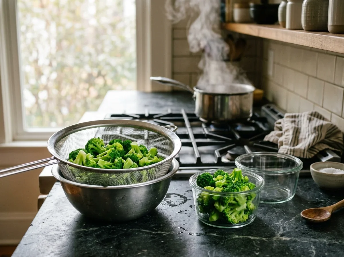 Blanched broccoli florets draining in a colander beside a glass freezer container of florets.