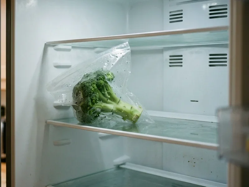A broccoli head in a loose perforated bag on a cold fridge shelf, the place to store broccoli so it keeps.