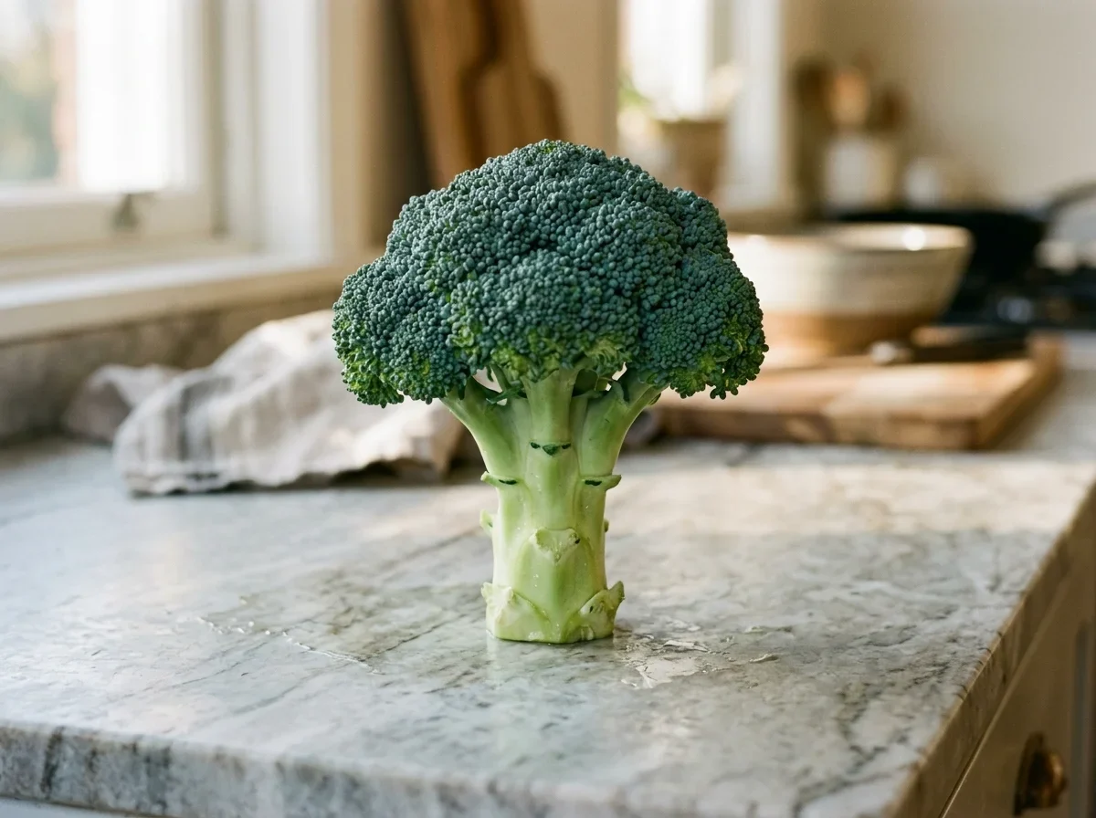 A firm broccoli head with tight blue-green buds and a cleanly cut, solid stem.